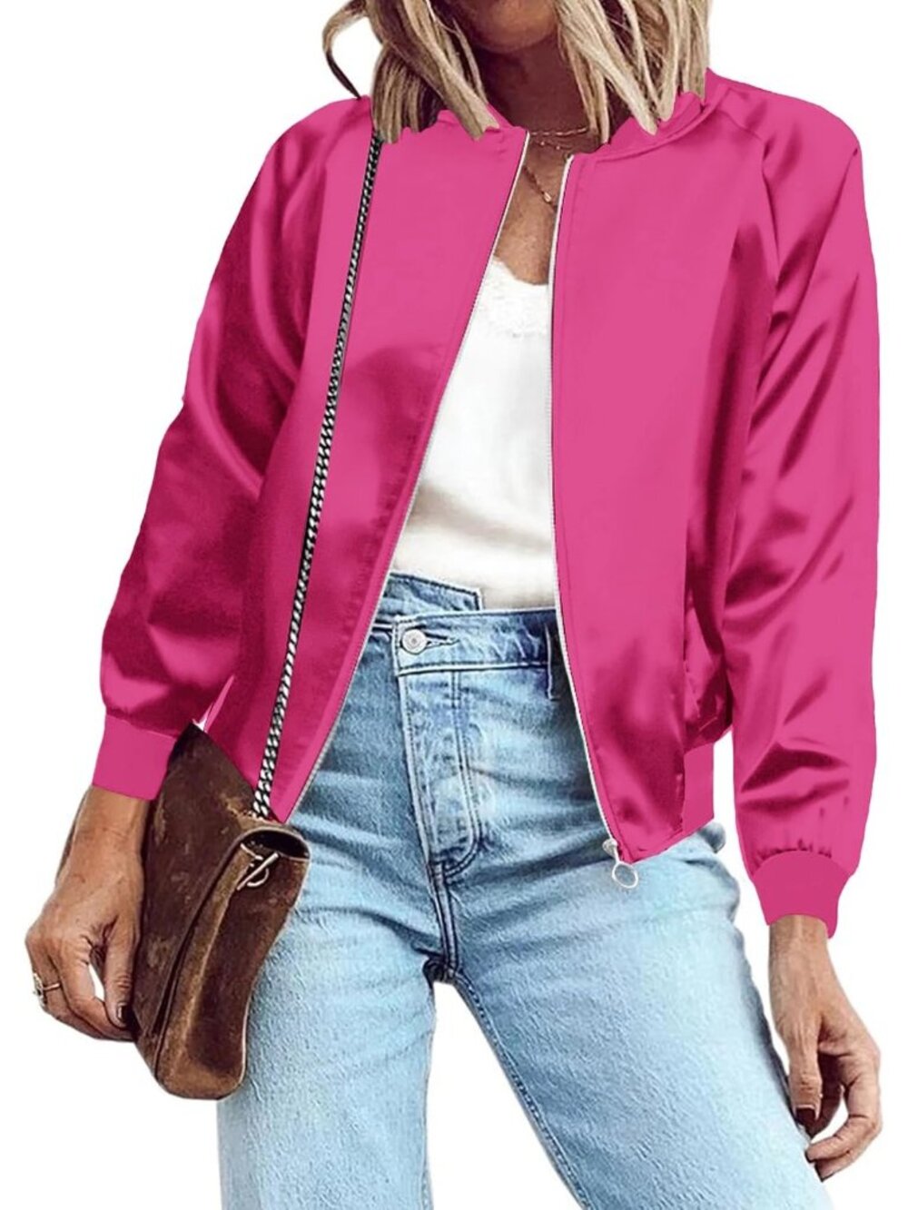 Women's Rose Pink 100% Polyester Shiny Zip Up Casual Striped Satin Bomber Jacket